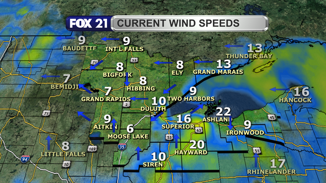 Wind speeds in the Northland just after 1 p.m. on March 17, 2025, range from 6 to 22 mph.  Wind direction is primarily from the south and east, including a lake breeze off Lake Superior.