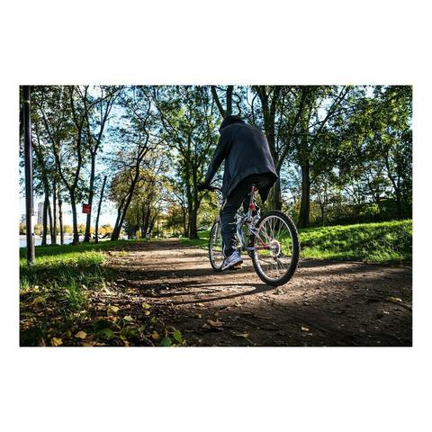 Une personne en tenue sombre roule à vélo sur un chemin de terre entouré d’arbres. La lumière du soleil filtre à travers le feuillage, projetant des ombres sur le sol. Le cycliste est vu de dos, pédalant tranquillement sur un sentier bordé d’herbe verte.