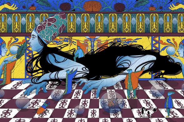 "The Royal Manticore". 
A scene with a large creature in the center of the image. They are what I imagine a manticore to look in the world where they exist. Their body is covered with long black hair and they walk on four arms. There is a person sitting on the Manticore. There are other people around the creature preparing it for departure. The room has a yellow wall with some murals on it and some bubbles floating above the floor.