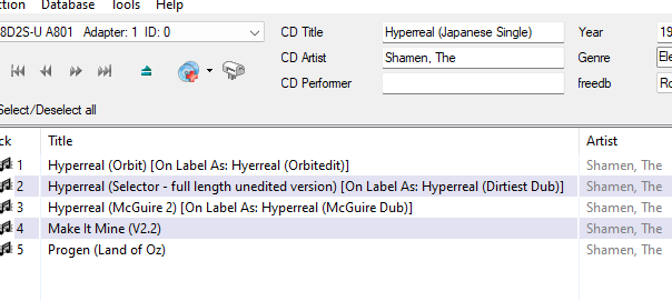 A partial screen shot of the Exact Audio Copy app, showing the tracklisting for the Japanese edition of The Shamen's single Hyperreal. 

The CD Artist field has the artist as 'Shamen, The', and the first three tracks are listed as the following:

'Hyperreal (Orbit) [On label as Hyperreal (Orbitedit)]'
'Hyperreal (Selector - full length unedited version) [On Label As: Hyperreal (Dirtiest Dub)]'
'Hyperreal (McGuire 2) [On Label As: Hyperreal (McGuire Dub)]'