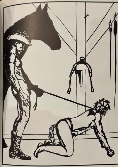 A striking monochromatic illustration from Joseph Bean's leather-themed artwork portfolio captures the raw essence of BDSM dynamics through masterful use of negative space and bold silhouettes. This high-contrast black ink drawing on cream paper depicts a powerful scene of dominance and submission within the aesthetic framework of leather culture iconography.

The composition presents two figures engaged in a power exchange ritual. On the left stands a dominant figure, muscular and confident, wearing tall riding boots and appearing to hold a leash or lead. The figure's posture conveys authority and control, emphasized by the dramatic shadow of a horse's head that rises behind them, creating a visual metaphor that merges human and equine imagery - a recurring motif in leather culture symbolism.

The second figure appears on all fours in a submissive posture, wearing what appears to be a leather headpiece with decorative elements that echo equestrian tack. The connection between the figures is made visible through a tether line that creates visual tension across the composition. The submissive figure's body language communicates willing surrender to the scene's power dynamic.

Bean's distinctive illustration style employs confident, economical linework that defines forms with minimal detail yet maximum impact. The artist uses negative space masterfully, allowing the white background to create definition against the solid black shapes. This high-contrast approach creates a drama