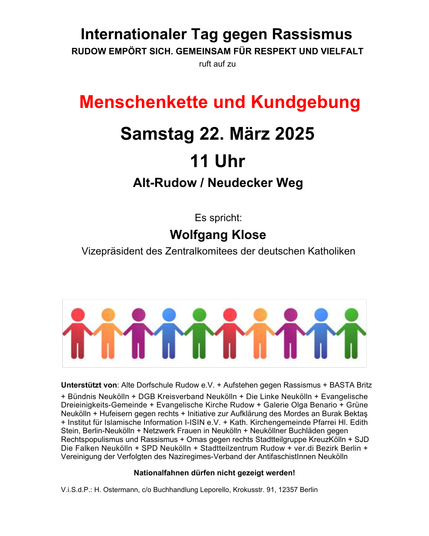 Abbildung der Vorderseite des Aufrufs zur Veranstaltung mit Angabe der Unterstützenden und des Redners der Kundgebung: Wolfgang Klose, Vizepräsident des Zentralkomitees der deutschen Katholiken.