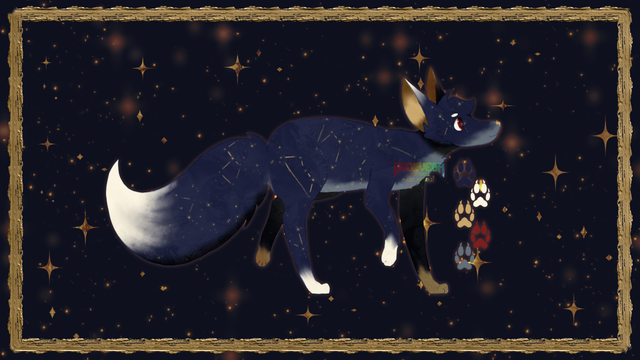 A digital drawing of a fox. This fox has a dark blue coat, white socks, ear tips, and tail tip. Its eyes, nose, and inner ear are a golden yellow. Its fur is covered with faint constellations. It is set against a dark blue, starry background. A golden border runs around the image.