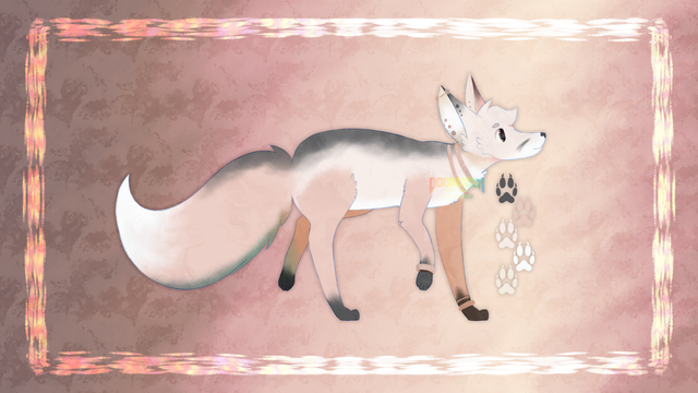 A digital drawing of a fox. This fox has a pale yellow coat, black socks and ear tips, and a black mark running down its back. Its nose and eye are gray. It is wearing a lot of jewelry. It has lots of earrings, two necklaces, and three bracelets or bangles on its front paws. It is set against a sandy background and bordered by a ghostly yellow border.