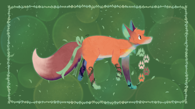 A digital drawing of a fox. This fox looks like your average red fox, but its fur colors are much brighter and it has pale green socks, ear tips, eyes, and nose. Leaves curl around each of its paws. A large green bow is tied where its tail meets its back. It is set against a dark green background with bokeh and falling leaves. The image has a border made from leaves.