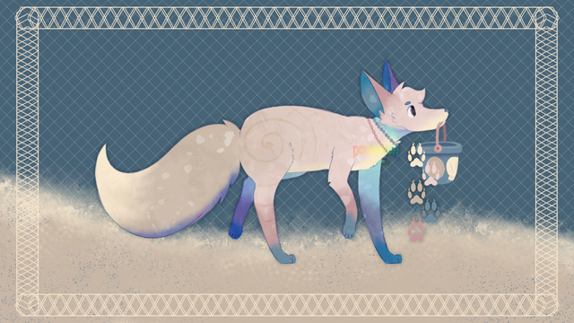 A digital drawing of a fox. This fox has pale yellow fur with a slightly darker tail, socks, and ear tips. It has dark blue inner ears, eyes, nose, and small socks. A spiral pattern is on its hind leg, spreading out towards its back before fading, like an ammonite shell. It wears two necklaces, one blue and the other a pale rose-gold, and it holds a blue beach bucket in its mouth. It is looking for seashells. It is set against a dark blue background with a faint white grid and sand underneath it. The image is bordered with lots of hexagons layered on top of each other.