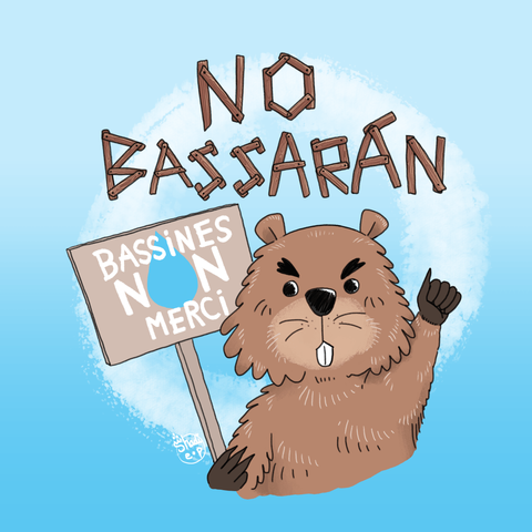 Dessin d'un castor qui tient une pancarte "Bassines non merci", avec écrit "NO BASSARÀN" en lettre typographiées avec des bouts de bois. Le fond est bleu, et le dessin est superposé à une photo de la bassine de sainte Soline.