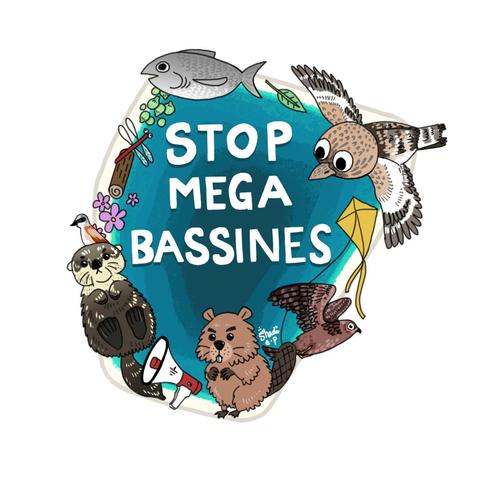 Dessin représentant une bassine (celle de Sainte Soline, plus précisément), sur laquelle il y a écrit en blanc "Stop méga bassines". Tut autour il y a plein d'animaux : une outarde chapetière, une pie grièche écorcheur, et un busard cendré, qui sont des animaux en voie de disparition, menacés par le projet de méga-bassine de Sainte-Soline. Il y a aussi un poisson, une loutre, un castor, un cerf-volant, un mégaphone avec le logo des Soulèvements de la Terre, des fleurs, des feuilles, lentilles d'eau (utilisées à Sainte Soline pour saboter les tuyaux de la méga bassine), une libellule et un rondin.