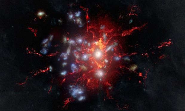 Illustration of the extended molecular gas (red) surrounding the galaxies (blue) in the protocluster core SPT2349-56.

In blue, 

Credit: MPIfR/N.Sulzenauer