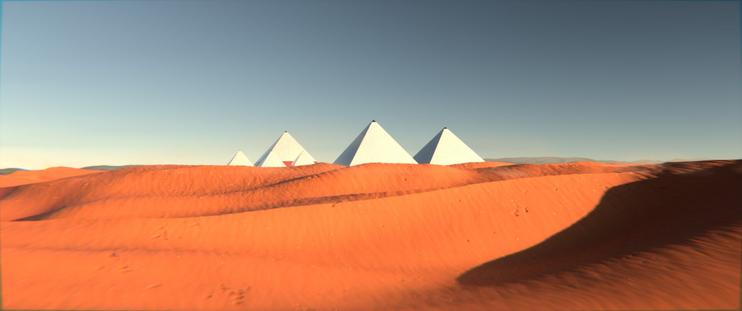 The Egyptian Great Pyramid complex seen after its construction was completed, visible just beyond a range of sand dunes.