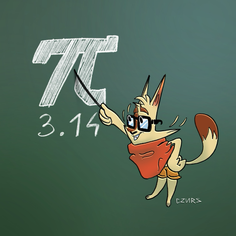 My original character Tycho, a cream cat, is wearing glasses and points to a blackboard with a stick. There's a big PI symbol and 3.14 on the board.