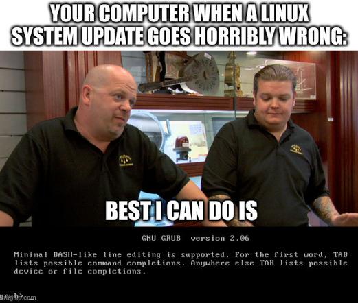 Meme featuring two men in black shirts with serious expressions. Caption: "Your computer when a Linux system update goes horribly wrong: Best I can do is" 
Below them is a screenshot of a grub rescue shell, indicating a system failure.