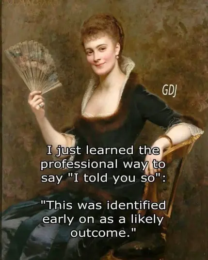 meme over a vintage pic of a lady old fashioned dressed holding a hand fan.