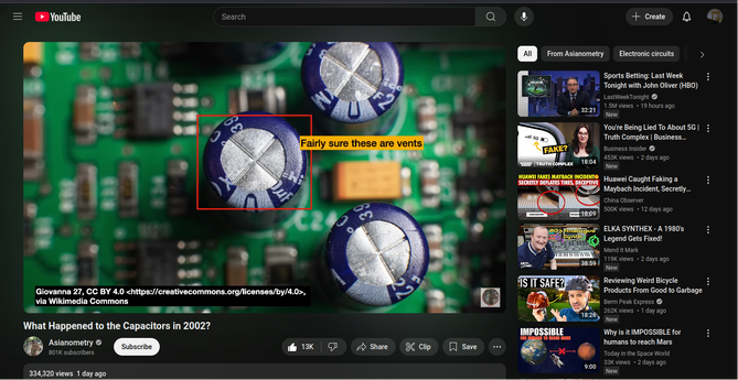 The image shows a YouTube video thumbnail with a green electronic circuit board as the background. The board features several blue capacitors with white markings, and one is highlighted with a red box and a yellow text bubble saying "Fairly sure these are vents." The video title is "What Happened to the Capacitors in 2002?" by the channel "Asianometry," which has 80K subscribers and 334,320 views.