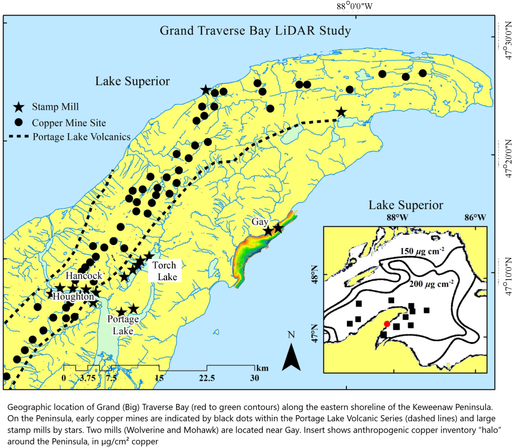maps - Geographic location of Grand (Big) Traverse Bay (red to green contours) along the eastern shoreline of the Keweenaw Peninsula. On the Peninsula, early copper mines are indicated by black dots within the Portage Lake Volcanic Series (dashed lines) and large stamp mills by stars. Two mills (Wolverine and Mohawk) are located near Gay. Insert shows anthropogenic copper inventory “halo” around the Peninsula, in µg/cm² copper