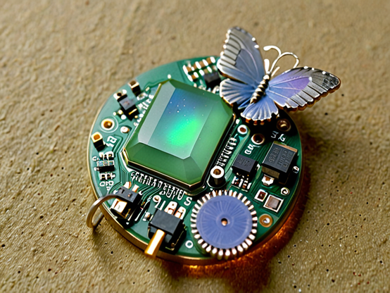 A delicate metallic electronic butterfly rests on a tiny circular circuit board crammed with components, with a glowing emerald power source. Macro photography style.