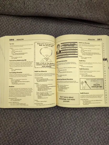 Inside the book was URLs, plus some outlines what each website was for. In this page example, is the health category. One of the listings, was for Bill Clinton's healthcare plan.