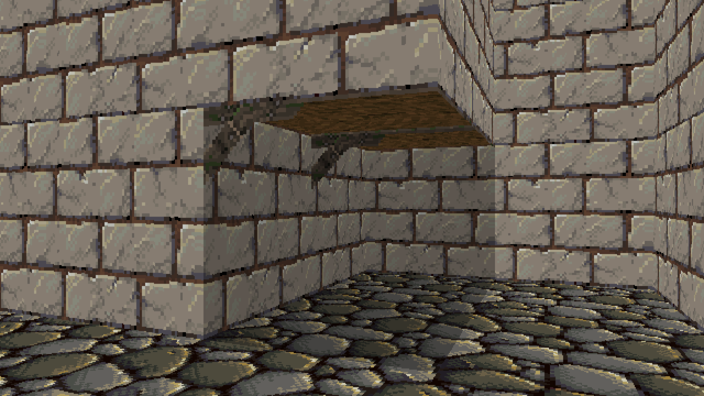 A little short stone laneway, but the left-most building juts over part of it, with wood supports seemingly holding it up.