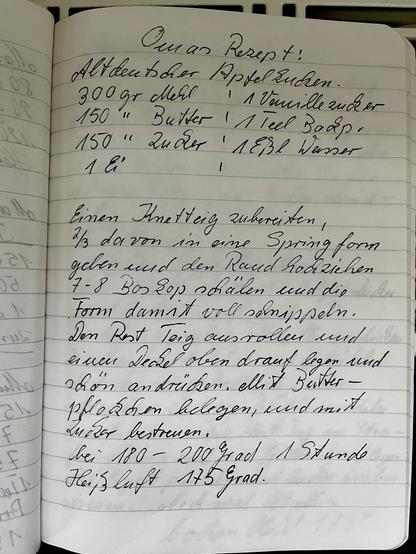 Handgeschriebenes Rezept für einen gedeckten Apfelkuchen. 

Entschuldigung, dass ich das alles hier nicht abtippen kann. Die Schrifterkennung hat nur Quark herausgegeben.