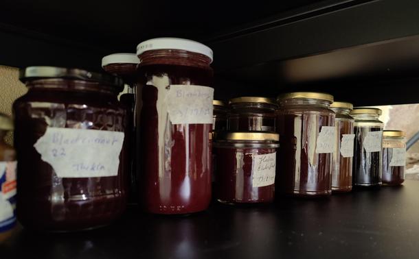 A metal shelf filled with jars of jam. The jars are of different sizes with mismatched lids and labeled with freezer tape.