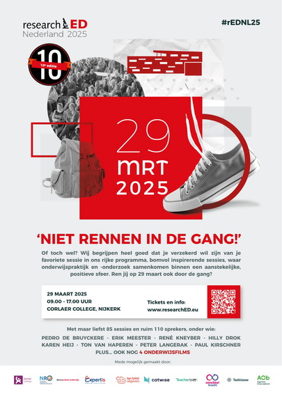 Poster met aankondiging van ResearchEd op 29 maart, 9.00-17.00 Corlaer College Nijkerk. Tickets en info www.researchED.eu