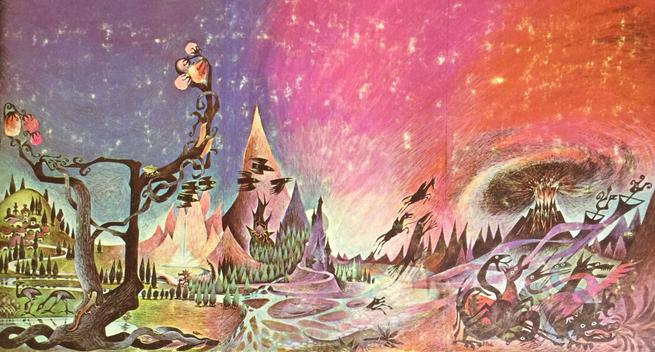 a wide image showing a green and thriving hilly country with little houses on the left, less friendly-looking rugged mountains with sharp peaks and flying mounted creatures in the air in the middle, and on the right, rocky rugged peaks with a great central volcano and a mass of dragon type creatures swirling around in the foreground.  All of this is in a style close to what might illustrate a child's book.