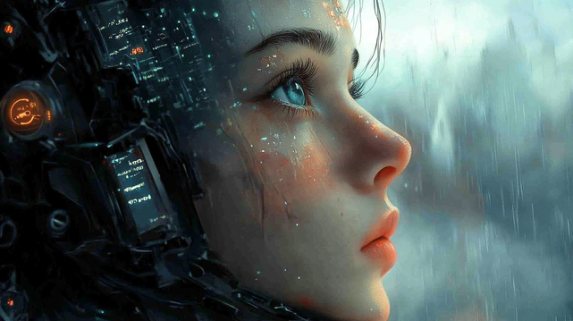 Éveil Cybernétique
Portrait d’une jeune femme fusionnée avec une technologie avancée, son regard bleu perçant scrutant un horizon flou sous une pluie froide. Des circuits lumineux et des écrans intégrés à son exosquelette ajoutent une dimension cybernétique et onirique.
Portrait of a young woman fused with advanced technology, her piercing blue eyes gazing into a blurred horizon under cold rain. Glowing circuits and integrated screens within her exoskeleton add a cybernetic and dreamlike dimension.