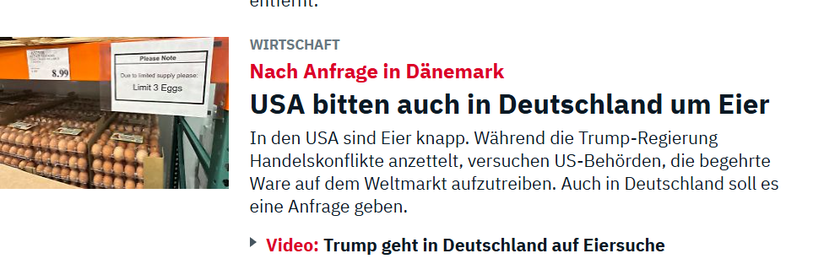 Screenshot von der verlinkten Seite. Ein Schild bei den Eierracks in einem Supermarkt begrenzt den Einkauf auf max. 3 Eier