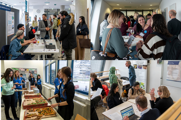 Scenes in four images from the Postdoc Fair 2025 showing people interacting - including stall-holders, advisors, attendees and pizza. Image by Peter Heller. Full details about the event here: https://goettingen-campus.de/postdoc-fair