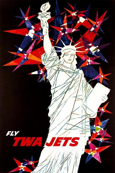 Lady liberty is surrounded by stars and the words Fly TWA Jets.