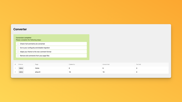 The komments panel conversion view