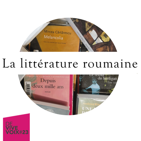 Visuel Focus bibliographique intitulé "La littérature roumaine" illustré par un ensemble d'ouvrages exposés