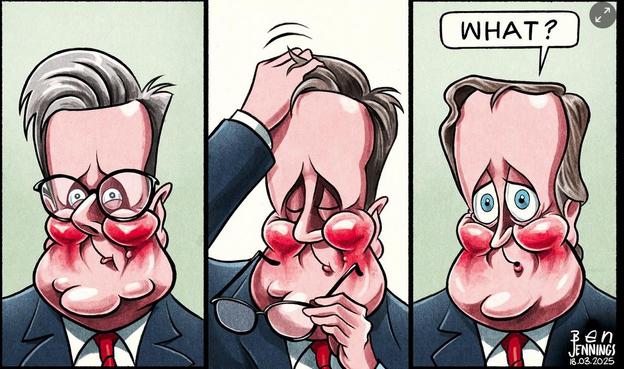 Political cartoon.

In three cells.

1st Keir Starmer
2nd Keir takes his glasses off
3rd It's actually David Cameron