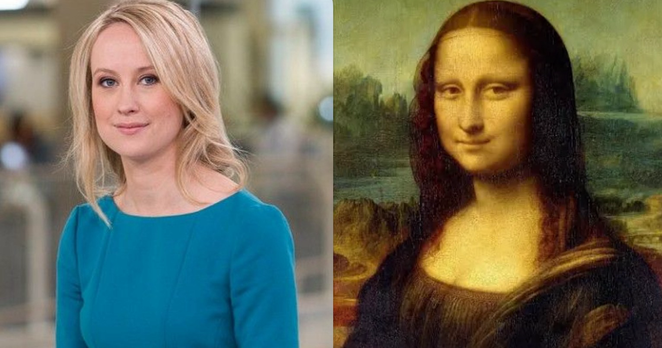 Sophy Ridge from Sky News (on the left) next to a photo of the Mona Lisa (on the right). Both in similar poses and with similar smiles. However, the Mona Lisa obviously isn’t wearing a blue sweater like Sophy’s!