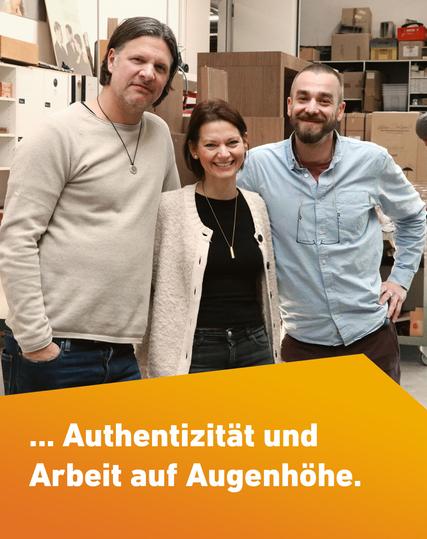 Die Geschäftsführung der Kölner Möbelwerkstätten: Pierre Esser, Caroline Esser und Sven Münchhalfen.