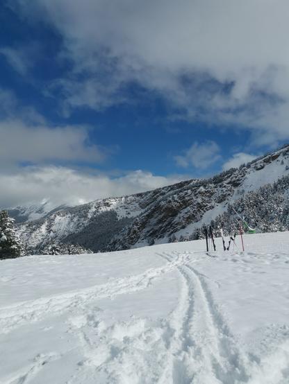 Picture from the side of a ski slope onto the slope. Deeper, fresh snow with some ski tracks in the foreground, partially snow covered mountains in the back. The sun is shining.