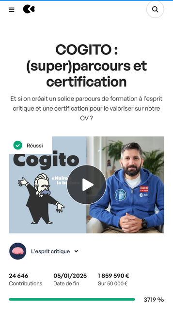 Capture d’écran de la page d’ESprit Critique et du projet COGITO sur un site de participation financière