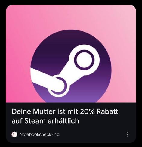 A screenshot of a Google News entry saying "Your mother is 20% off on Steam"