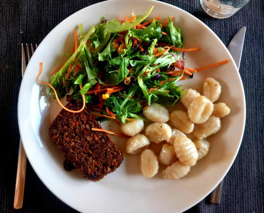 Lunch plate with lentil load,  gnocchi and salad.  All vegan,  of course.