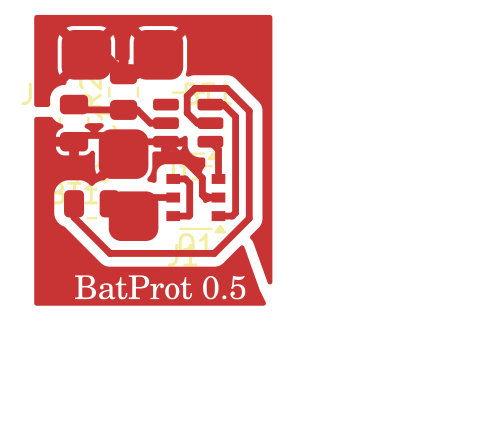 A KiCAD drawing of a rectangular PCB with BatProt0.5 label. The front copper layer is visible. Underneath it some silkscreen labels.
