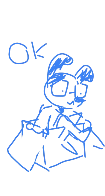 Doodle of dog fursona sitting in box with his legs crossed outside of the box. Text says "ok"