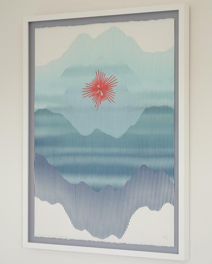 An abstract painting produced by a robotic pen plotter using a generative algorithm. Blue and teal acrylic paint create wave-like forms on white paper. Near the center is a red starburst shape.