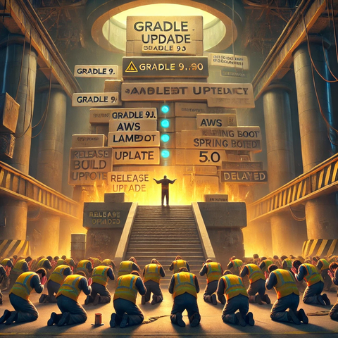 engineer cult praying for their dependencies to be released. The glowing package repository shrine looms, while conveyor belts of failed build logs roll endlessly