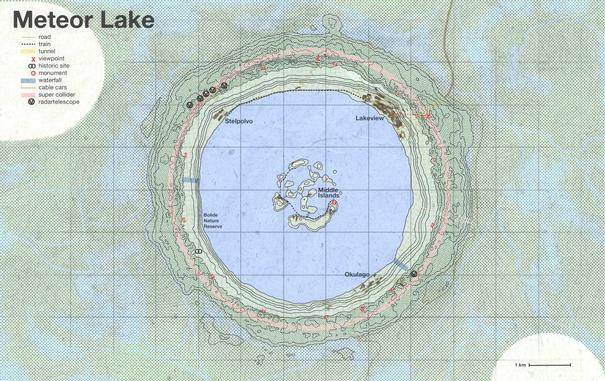 A topographic map of Meteor Lake: a round impact crater lake aprox. 5 km in diameter, in the middle of a swamp. There are five notable places, Stelpolvo Lab, Lakeview city, Okulago village, Bolide Nature Reserve and the Middle Islands. Other things that are displayed are viewpoints over the lake, a tunnel from Lakeview to the outside of the crater, radar telescopes and a super collider from Stelpolvo Lab, a historic site in Bolide Nature Reserve, two waterfalls near Okulago and in Bolide Nature reserve, roads and traintracks around the lake and on the Middle Islands.