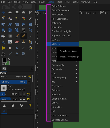 Screenshot of GIMP 3.0. The “Colors” menu is open. Left of the menu items used to be icons.
