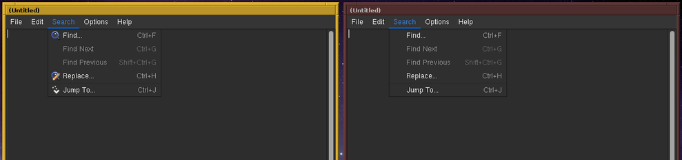 Screenshot of the l3afpad editor, with (left) and without (right) `gtk-menu-images = true` in GTK 3’s `settings.ini`.
