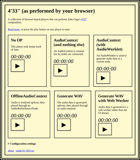 Screenshot of 4'33" website, showing several boxes with audio players and their features. A play button and a time element are available on each player. The time starts at 00:00:00
