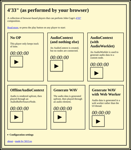 Screenshot of 4'33" website, showing several boxes with audio players and their features. A play button and a time element are available on each player. The time starts at 00:00:00