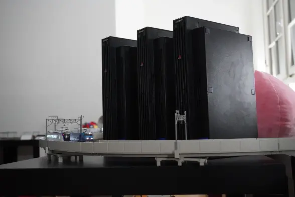 Another shot of 2 trains coming around the bend of PS2 "console city"