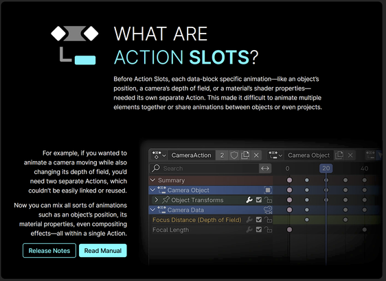 WHAT ARE
ACTION SLOTS?

Before Action Slots, each data-block specific animation—like an object’s position, a camera’s depth of field, or a material’s shader properties—needed its own separate Action. This made it difficult to animate multiple elements together or share animations between objects or even projects.

For example, if you wanted to animate a camera moving while also changing its depth of field, you’d need two separate Actions, which couldn’t be easily linked or reused.

Now you can mix all sorts of animations such as an object’s position, its material properties, even compositing effects—all within a single Action.